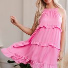 Pink Smocked Neck Knot Back Frilly Tiered Sleeveless Mini Dress