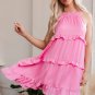 Pink Smocked Neck Knot Back Frilly Tiered Sleeveless Mini Dress