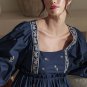 Blue Floral Embroidered Square Neck Puff Sleeve Ruffled Mini Dress
