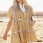 Pale Khaki Contrast Trim Pintuck Puff Sleeve Tied Neck Short Dress