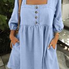 Beau Blue Denim Button Detail Babydoll Square Neck Mini Dress