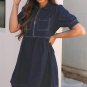 Dirty blue Zipped up Bodice Collared Short Puff Sleeve Denim Dress