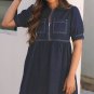 Dirty blue Zipped up Bodice Collared Short Puff Sleeve Denim Dress