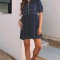 Dirty blue Zipped up Bodice Collared Short Puff Sleeve Denim Dress