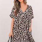 Khaki Cheetah Print Backless V Neck Loose Fit Mini Dress