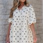 White Bowtie Pattern Textured Puff Half Sleeve Loose Mini Dress