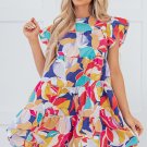 Pink Abstract Printed Ruffled Flutter Sleeve Tiered Mini Dress
