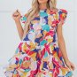 Pink Abstract Printed Ruffled Flutter Sleeve Tiered Mini Dress
