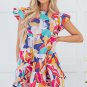 Pink Abstract Printed Ruffled Flutter Sleeve Tiered Mini Dress