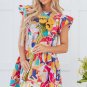 Pink Abstract Printed Ruffled Flutter Sleeve Tiered Mini Dress