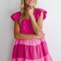 Pink Crinkled Colorblock Patchwork Flutter Tiered Mini Dress