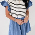 Black Stripe Ruffle Denim Patchwork Round Neck Mini Dress