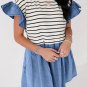 Black Stripe Ruffle Denim Patchwork Round Neck Mini Dress