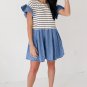 Black Stripe Ruffle Denim Patchwork Round Neck Mini Dress