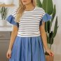 Black Stripe Ruffle Denim Patchwork Round Neck Mini Dress