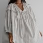 White Stripe Checkered Frilled V Neck Bracelet Sleeve Babydoll Dress