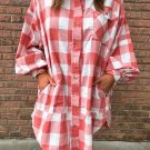 Pink Oversized Plaid Puff Sleeve Round Hem Shirt Dress