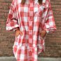 Pink Oversized Plaid Puff Sleeve Round Hem Shirt Dress