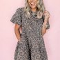 Brown Denim Leopard Printed Short Puff Sleeve Mini Dress