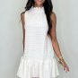 White Textured Frilled High Neck Sleeveless Ruffled Mini Dress