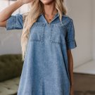 Beau Blue Short Sleeve Collared Patched Pocket Denim Mini Dress