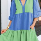 Dark Blue Colorblock Frilled V Neck Puff Half Sleeve Shift Dress