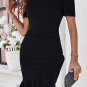 Black Plain Wrapped Ruffled Hem Slim Fit Mini Dress