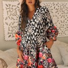 Black Retro Floral Mixed Print Split Neck A-line Dress