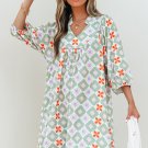 Green Geometric Floral Print 3/4 Sleeve Notched Neck Mini Dress
