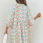 Green Geometric Floral Print 3/4 Sleeve Notched Neck Mini Dress