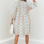 Green Geometric Floral Print 3/4 Sleeve Notched Neck Mini Dress
