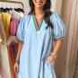 Myosotis Contrast Striped Notched V Neck Puff Sleeve Mini Dress