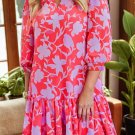 Red Floral Three Quarter Sleeves Ruffle Hem Mini Dress
