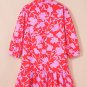 Red Floral Three Quarter Sleeves Ruffle Hem Mini Dress