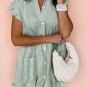 Green Stripe Frilled Sleeveless Collar Front Pocket Button Up Mini Dress