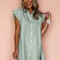 Green Stripe Frilled Sleeveless Collar Front Pocket Button Up Mini Dress