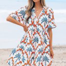 Orange Contrast Palm Tree Printed Short Sleeve Flowy Dress