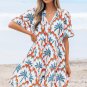 Orange Contrast Palm Tree Printed Short Sleeve Flowy Dress