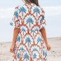 Orange Contrast Palm Tree Printed Short Sleeve Flowy Dress