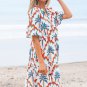 Orange Contrast Palm Tree Printed Short Sleeve Flowy Dress