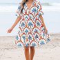 Orange Contrast Palm Tree Printed Short Sleeve Flowy Dress
