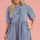 Dusk Blue Bowknot Bubble Sleeve Short Denim Dress