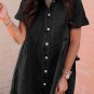 Black Frilled Short Sleeve Button Up Loose Denim Shirt Dress