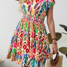Sky Blue Abstract Print V Neck Dolman Sleeve Ruffle Tiered Mini Dress