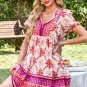 Rose Boho Floral Short Sleeve Lace Up V Neck Mini Dress