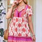 Rose Boho Floral Short Sleeve Lace Up V Neck Mini Dress