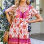 Rose Boho Floral Short Sleeve Lace Up V Neck Mini Dress