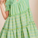 Green Stripe V Neck Short Sleeve Frilled Detail A-line Dress