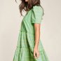 Green Stripe V Neck Short Sleeve Frilled Detail A-line Dress