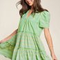 Green Stripe V Neck Short Sleeve Frilled Detail A-line Dress